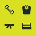 Set Chest expander, Boxing ring, Black karate belt and Bathroom scales icon. Vector Royalty Free Stock Photo