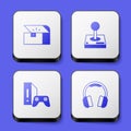 Set Chest for game, Joystick arcade machine, Game console with joystick and Headphones icon. White square button. Vector