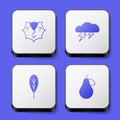 Set Chestnut, Cloud and lightning, Leaf and Pear icon. White square button. Vector Royalty Free Stock Photo