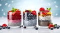 Set of chia pudding desserts topped with berrie son light blue blurred background. Chia desserts with different tastes made of