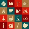 Set Chicken egg, Hangar, Tractor, Scythe, Udder, Windmill, Sunflower and Watering can icon. Vector