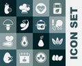 Set Chicken egg, Leaf, No chicken leg, Heart rate, Apple and banana, Mushroom, Eggplant and Cooking pot icon. Vector Royalty Free Stock Photo