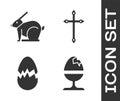 Set Chicken egg on a stand, Easter rabbit, Broken egg and Christian cross icon. Vector Royalty Free Stock Photo