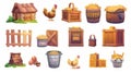 Set of chicken farm design elements isolated on white background. Modern illustration of wooden crates and barrels Royalty Free Stock Photo
