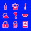 Set Chicken leg, Jam jar, Photo frame, Watermelon, First aid kit, Sun and cloud weather, Knife and Bottle of wine icon