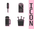 Set Chicken leg in package box, Corn dog, Thermos container and Doner kebab icon. Vector
