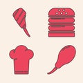 Set Chicken leg, Rib eye steak, Burger and Chef hat icon. Vector