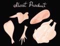 Set of chicken meat. Vector collection of meat products from poultry. Carcase of the cock. The whole leg. Fillet of