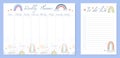 Set of child day organization templates with rainbow, cloud and dots. Weekly planner and to do list