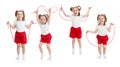 Set of child girl jumping with rope isolated