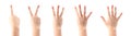 Set of child hands showing figures, count one, two, three, four, five. Isolated at white background