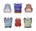 Set of childish school backpacks and schoolbags cartoon vector illustration