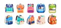 Set of childish school backpacks and schoolbags vector illustration. Collection of various kids bags with stationery