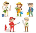 Set of children characters. Firefighter, gardener, businessman, archaeologist, engineer. Kids workers. Child