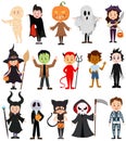 Set of children in costumes for Halloween. Collection of cartoon children in carnival costumes. Vector illustration of Royalty Free Stock Photo