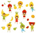 Flat vector set of children in different fruit hats. Cartoon kids characters in colorful costumes. Kindergarten theme Royalty Free Stock Photo