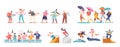 Set of Children Different Fun and Activities. Kids Boys or Girls Character Spinning Hoop, Walking Under Umbrella at Rain