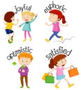 Set of children doing activities with adjectives