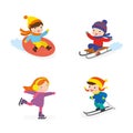 Set of children doing winter activities. Little boys sledding, isolated on white background Royalty Free Stock Photo