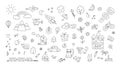 A set of children drawings. Kid doodle. Sun and rainbow over the mountains, knight castle and other objects. Vector