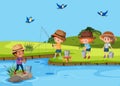 Set of children fishing in river