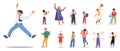 Set Of Children. Girls And Boys Characters Jump, Spin Hula Hoop, Learn Sky Map, Play Trumpet, Schoolboy Jump