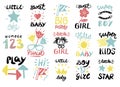 Set of 15 children logo with handwriting Little boy,Sweet girl, Hi, Princess, Baby, Hello, One, Play, Super, Number, Star. Royalty Free Stock Photo