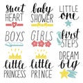 Set of 9 children logo with handwriting Little prince, princess, Boys, Girls, Sweet heart, Baby shower. First steps