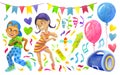 Set of children party object and characters with dancing kids, flag garlands, confetti, serpentine, notes, firecracers, balloons,