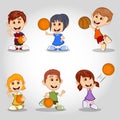 Set of children playing basketball cartoon