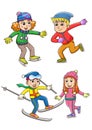 Set of children playing in the winter. Boys and girls skiing and