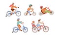 Set of children riding bicycles of different types - city, 4 wheel, balance bike and bmx bicycle with Child Seat, Baby