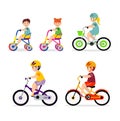 A set of children on children`s bicycles. Children ride bicycles. Active recreation. vector illustration