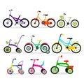 A set of children`s bicycles and tricycles in the apartment. Bike icon.  illustration Royalty Free Stock Photo