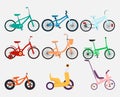 Set of children\'s bicycles and tricycles. Various type of kids bikes collection. Royalty Free Stock Photo