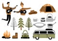 Set of children`s camping vector illustration, travel and overnight in the forest Isolated on white background. Great for woodlan Royalty Free Stock Photo