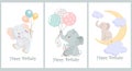 Set of children\'s cards happy birthday, cute baby elephants with balloons. Design for invitations, bedroom decor