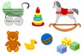 Set of children`s colorful toys - horse, stroller, bear cub, cubes, pyramid, duck, ball