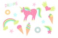 Set of children`s elements of fairy-tale drawings and characters unicorn rainbow, clouds and heart, ice cream