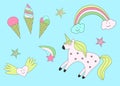 Set of children`s elements of fairy-tale drawings and characters unicorn rainbow, clouds and heart, ice cream