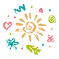 Set of children`s finger drawings: sun, flowers, heart, lightning, arrow, spiral, dots. Handmade Royalty Free Stock Photo