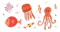 Set of children's illustrations, orange cute jellyfish, round fish and octopus and algae, isolated elements on a white