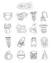 Set of children's items, accessories and toys hand drawn elements doodles