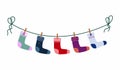 a set of children\'s socks are dried on a rope. flat vector illustration isolated on white background Royalty Free Stock Photo