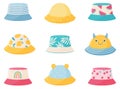 Set of children s summer hats. Bright hats of different colors for girls and boys. Royalty Free Stock Photo