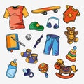 Set of children`s and teenage things, clothes and toys. Hand drawn vector illustration. Funny illustration for backgrounds, web Royalty Free Stock Photo