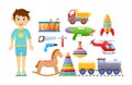 Set of children`s toys for boy. Colorful kid`s games.