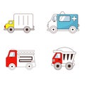 Set of children\'s toys cars in the style of a doodle, one line of color Royalty Free Stock Photo
