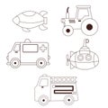 Set of children\'s toys cars in the style of a doodle, one line