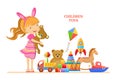 Set of children`s toys for girl. Colorful kid`s games. Royalty Free Stock Photo